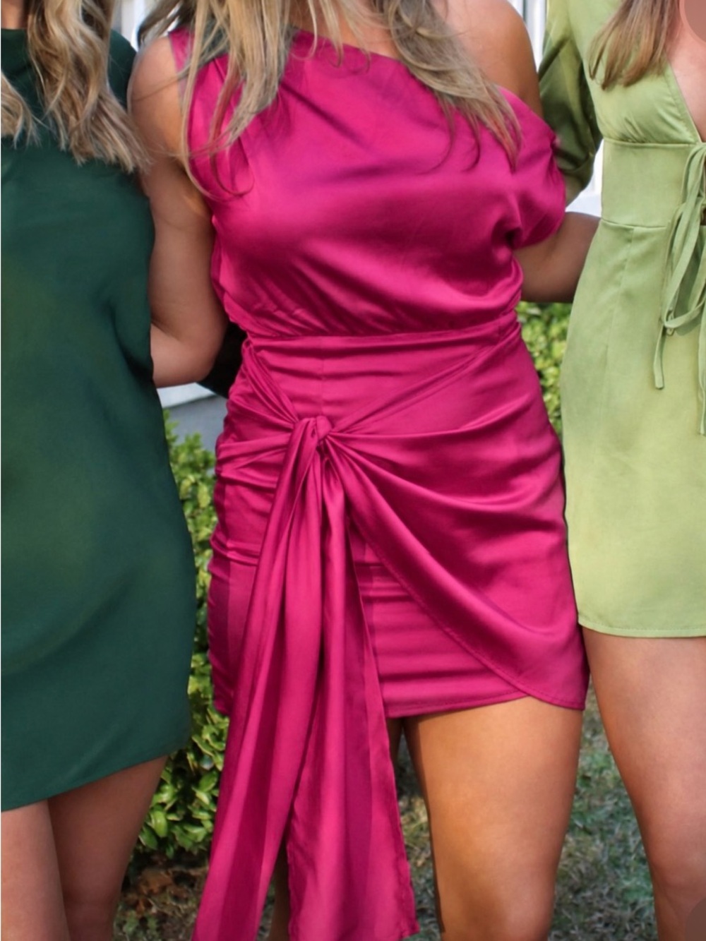Satin One-Shoulder Fuchsia Mini Dress by